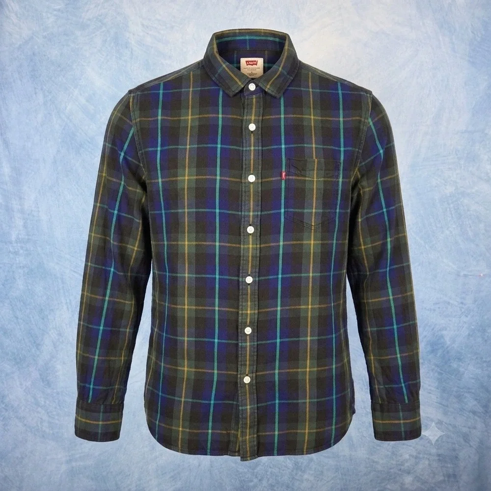 Levis Mens Slim Fit Plaid Flannel Button Down Shirt Navy Green Large 3838